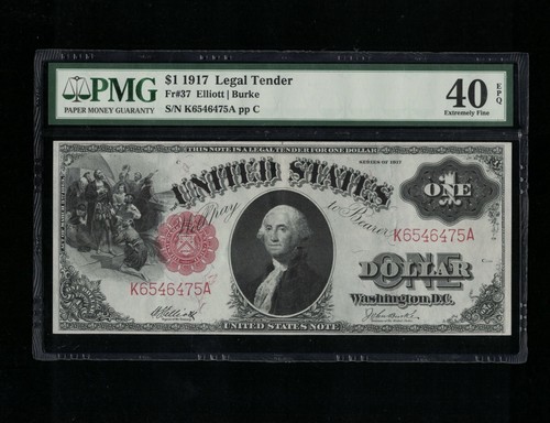 SC 1917 $1 Fr.37 Legal Tender “Sawhorse” - PMG 40 EPQ Extremely Fine (475A) - Picture 2 of 4