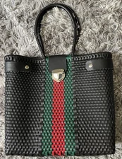 Mexico Hand Woven Recycled Plastic Market /Beach Tote  - Leather Accents - 14x13