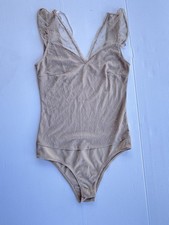 Ambiance Nude Beige Mesh Lace Bodysuit Women  s Medium Sheer Polka Dot V Neck