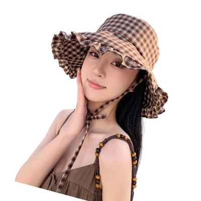 Stylish Wide Brims Sun Hat With Checkered Pattern Women Girl Trip Fisherman Hat