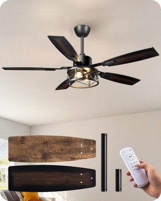 52'' Wood Ceiling Fan Light Dimmable Remote Reversible DC Motor Rustic Caged