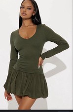 Fashion Nova Ari Mini Bubble Dress Olive Green Long Sleeve Ribbed Size L New