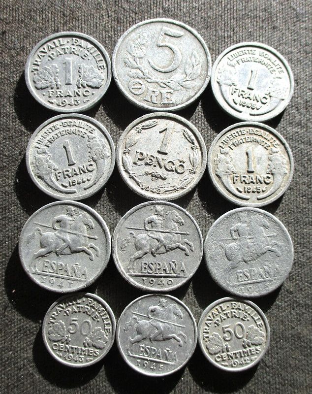 OLD COINS OF WORLD WAR II (FRANCE-SPAIN-HUNGARY-DENMARK) - MIX 142