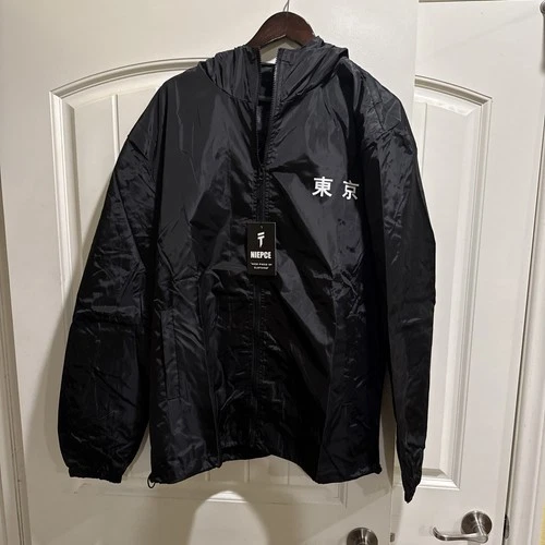 NIEPCE Men's Black Windbreaker Jacket Full Zip Hooded Logo Accents Size 2XL video thumbnail