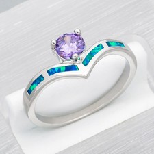 5mmRound Simulated Amethyst Blue Fire Opal Silver Jewelry Women Ring Size 7 8 9