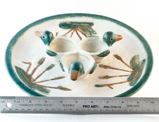Pottery Chip Dip Hand Made Tray 11.5" Duck Tray Three Sauce Cups Art Pottery