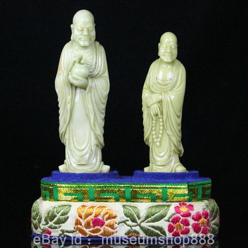 4.4" Old Chinese Shoushan Stone Carving 2 Stand Lohan Arhat Buddha Sculpture