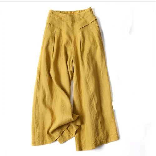 Lady Trousers Loose Elastic High Waist Bottom Casual Wide Leg Cotton Linen Pants - Picture 4 of 20