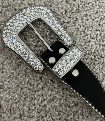 B.B. SIMON Black Leather Square Swarovski Crystal Studded