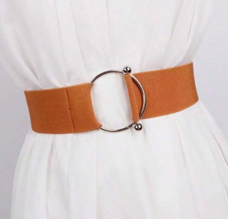 ¥am ベルト Elastic Stretch Womens Belt Round Silver Circular Buckle Camel