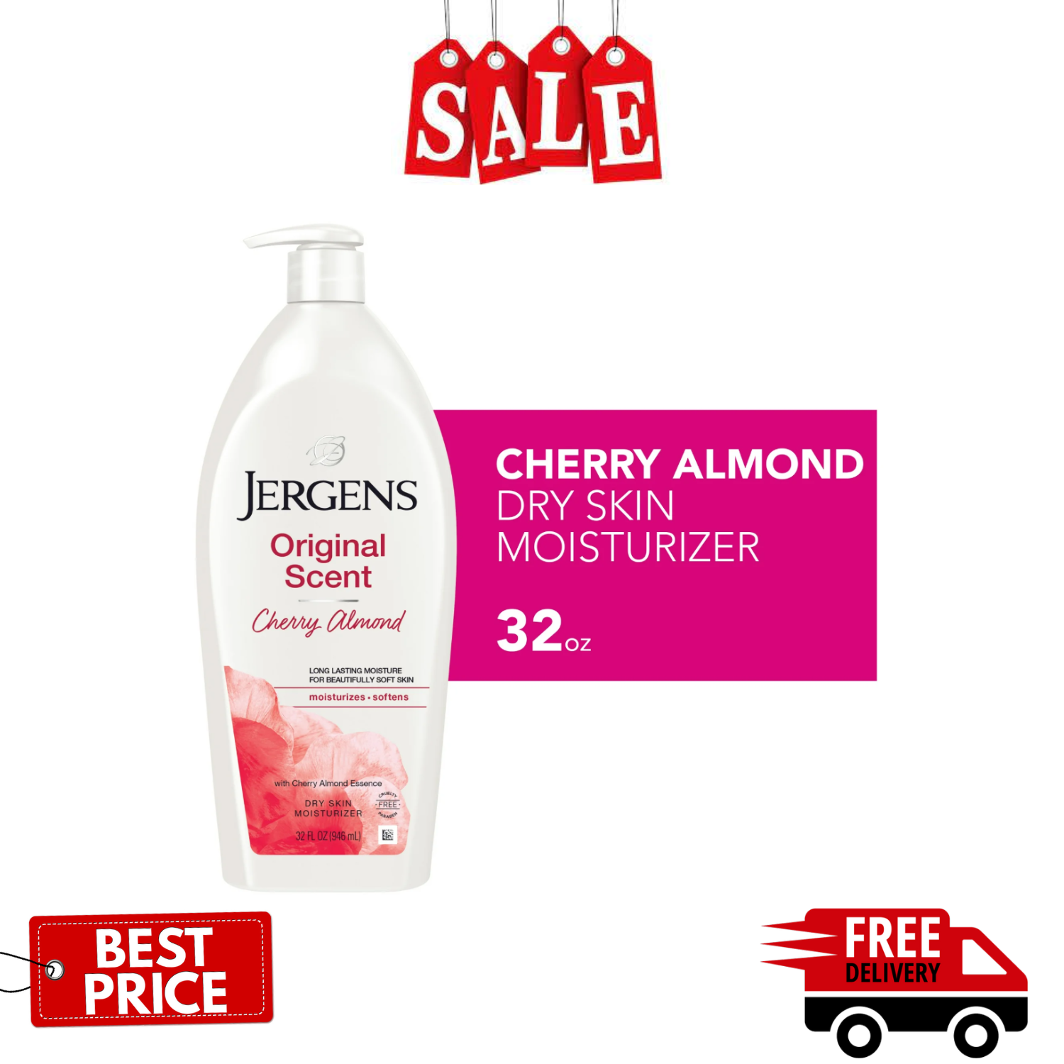 Jergens Cherry Almond Scented Body Lotion for Dry Skin Hydration