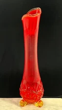 L. E. Smith MCM Red/Orange Amberina Diamond Base 19” Vase - 3 Wheeler