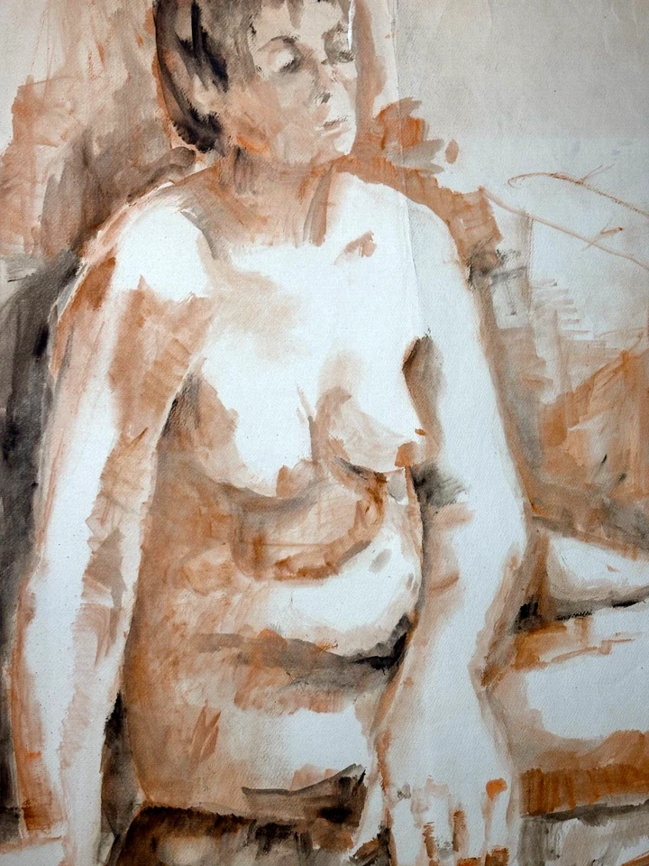 Años 60 FAVREAU, Olga Posó Mujer Anciana Desnuda Acuarela Lavado Estudio para Pintura al Óleo Foto 4 de 4