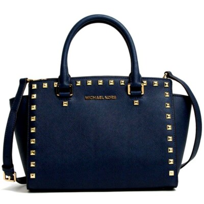 🌞MICHAEL KORS SELMA STUD SATCHEL BAG PURSE NAVY SAFFIANO LEATHER