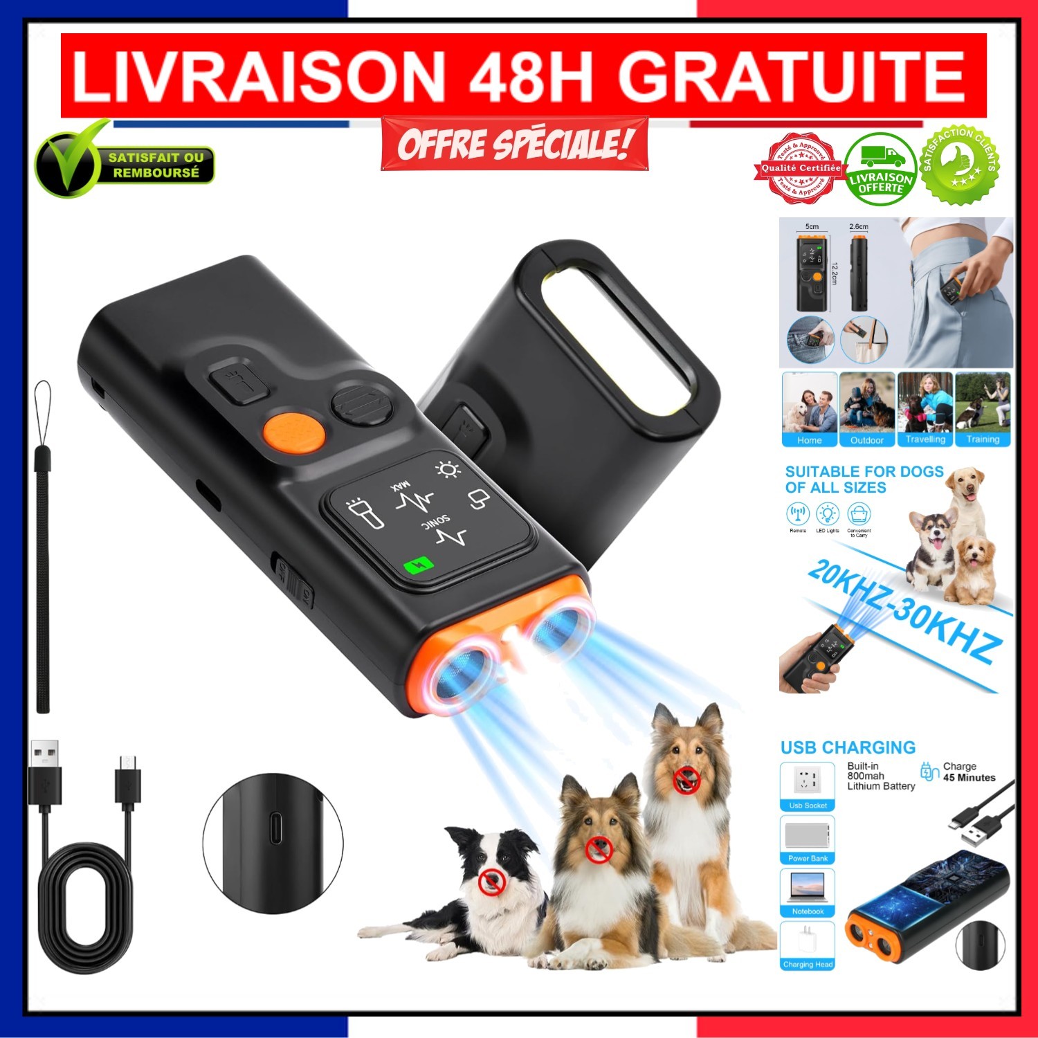 Dispositif à ultrasons dissuasion chiens premium finition étanche 10m