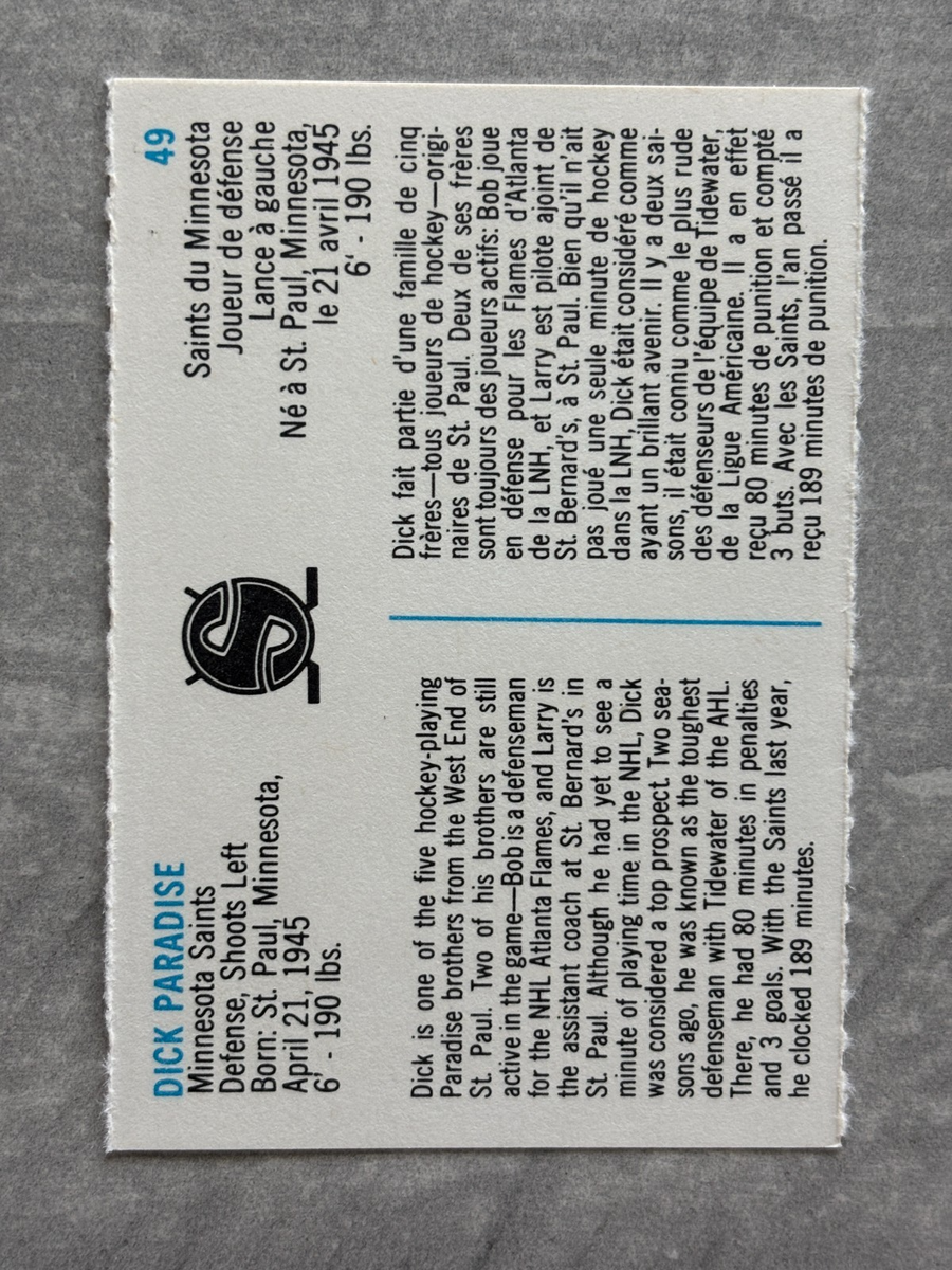 1973-74 Quaker Oats DICK PARADISE Ice Hockey's Funniest Name Real