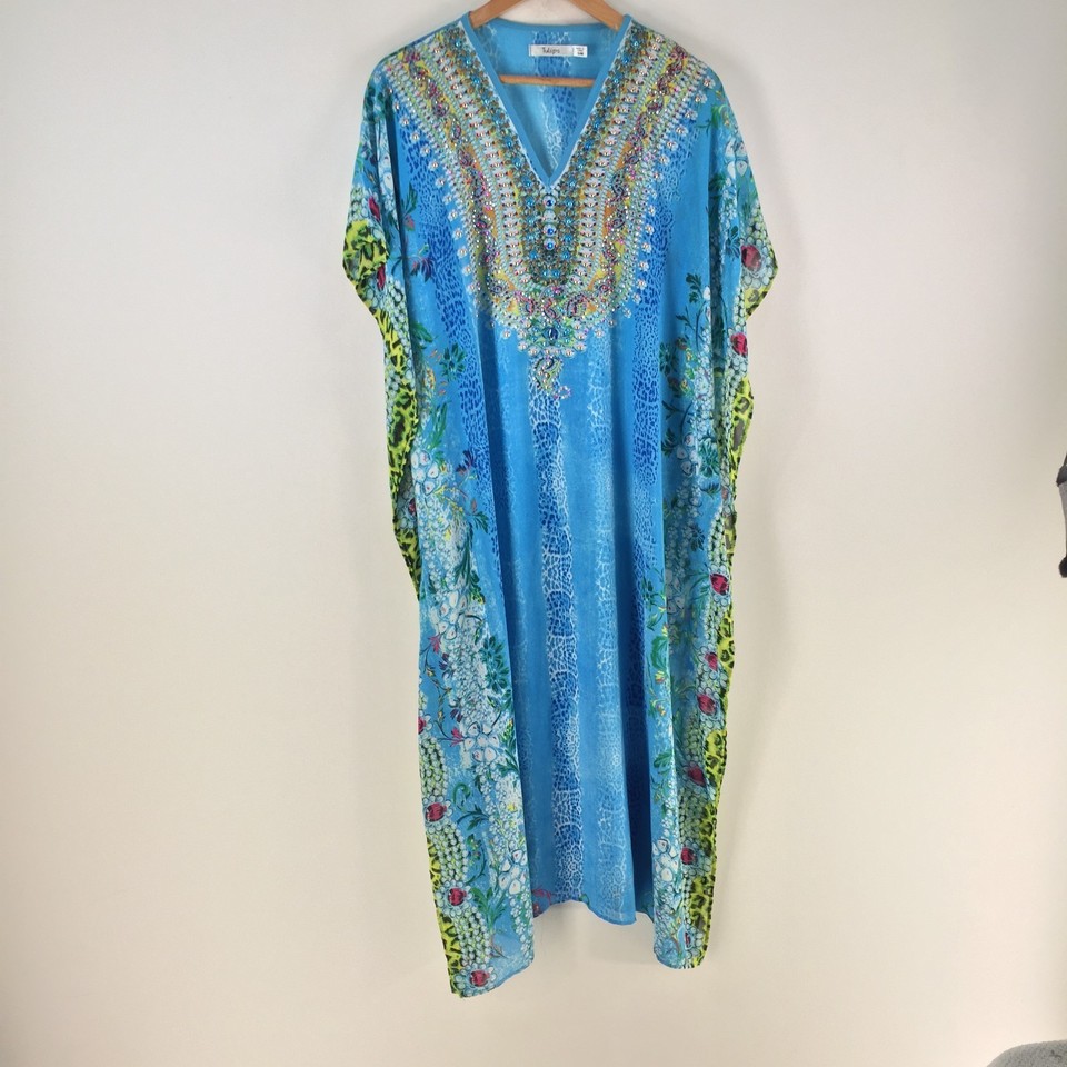 Tulips dress kaftan womens size S/M blue beaded short sleeve Vneck midi 127532