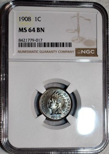 NGC MS-64 BN 1908 Indian Head Cent, Attractively Toned specimen.
