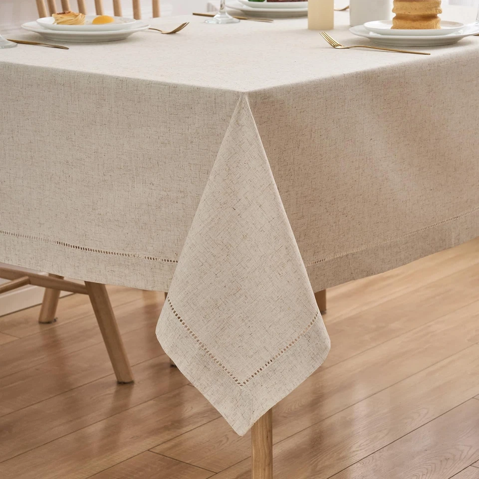Natural Flax Linen Tablecloth – Undyed Rectangle Hemstitch Table Cover for Ki... - Image 2 of 4