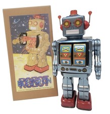 Electron Robot ME100 Rotatomatic Battery Operated Tin Toy Silver And Gold