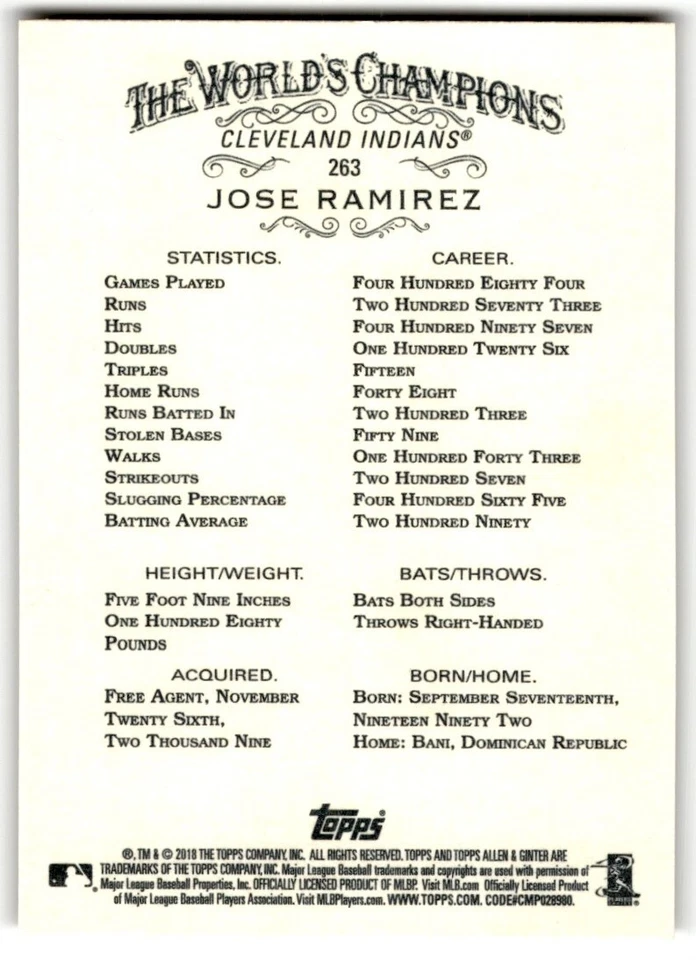 2018 Topps Allen & Ginter Jose Ramirez #263 Cleveland Indians - Image 2 of 2