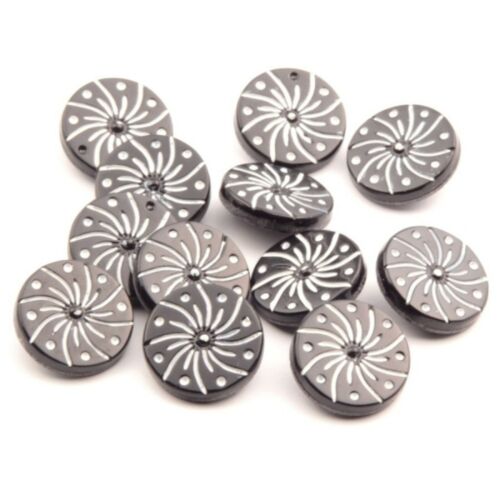 Lot 12pc 18 mm Czech vintage Deco spiral firework pin wheel black glass buttons