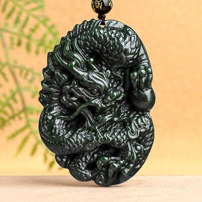 Natural Black Nephrite Jade Men Women Gift Lucky Unique Zodiac Dragon Pendant