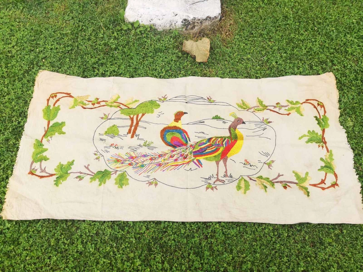 Hand embroidered vintage linen tapestry silk thread embroidery