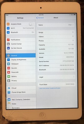 {BROKEN} Apple iPad mini 1st Gen. 16GB, Wi-Fi 7.9in A1432 Good Used Glass Only!