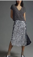 ANTHROPOLOGIE OVAL FRINGE PAILLETTE SEQUIN PENCIL MIDI SKIRT OPTIC SILVER