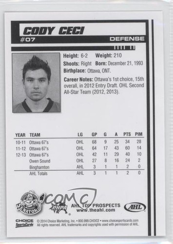 2013-14 Choice AHL Top Prospects Cody Ceci #07 Rookie RC - Picture 2 of 3