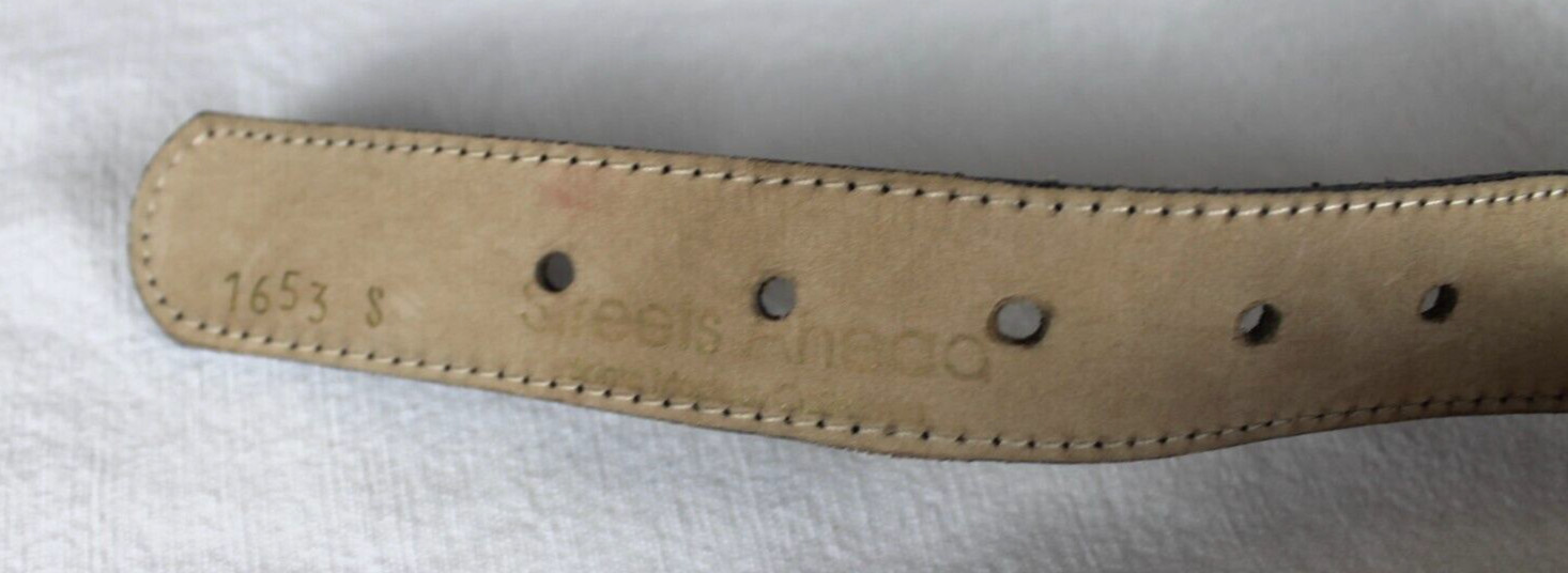 Streets Ahead Black Leather Belt Silver Aztec Logo Metal Tag Size Small 1653