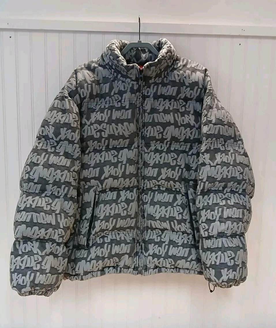 Veste en denim Supreme Fat Tip Down Puffer XL coton NYC graphitti avec capuche