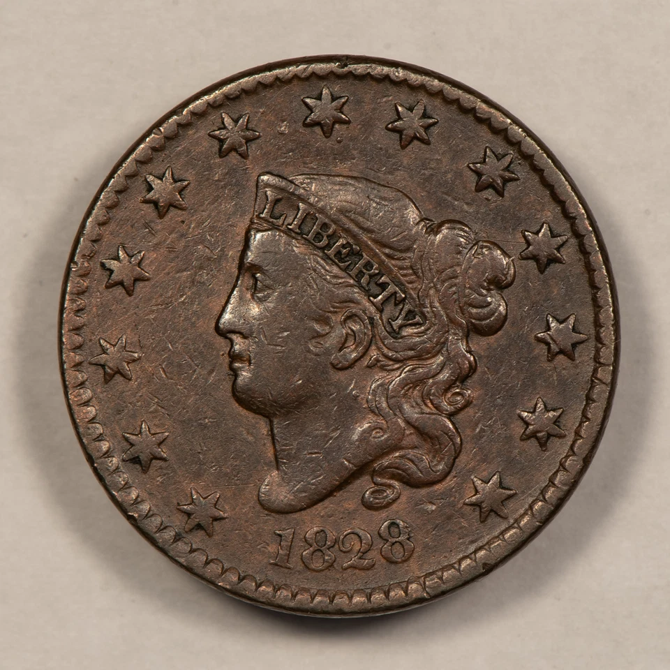 Centavo cabeza corona 1828 1c - fecha estrecha grande - marrón chocolate en estado bastante bueno/muy bueno - Y5792 Foto 3 de 4