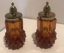 Vtg Indiana Glass Diamond Point Dark Amber Salt & Pepper Set Chrome Plate Lid