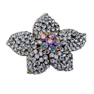 Brooch Pin - Five Petal Flower - White & AB Crystal Rhinestones Gold Tone 2 3/4''