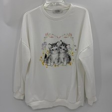 Cat Graphic Crew Neck Sweatshirt Size L Kitten Flowers Cottagecore White Retro