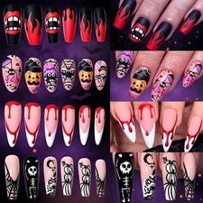 96PCS Halloween Press On Nails Medium Square Long Almond Coffin Skull Spider
