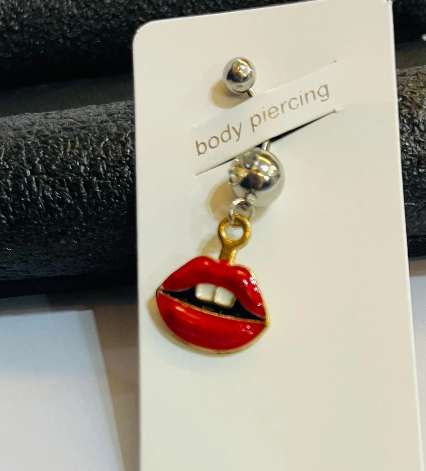 Stylish Belly Button Piercing Crystal Ball Red Lips Charm White Teeth - Image 3 of 4
