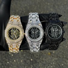 Men's Hip Hop Watch Luxury Skelecton Dial Simulated Diamond Metal Full Iced Band