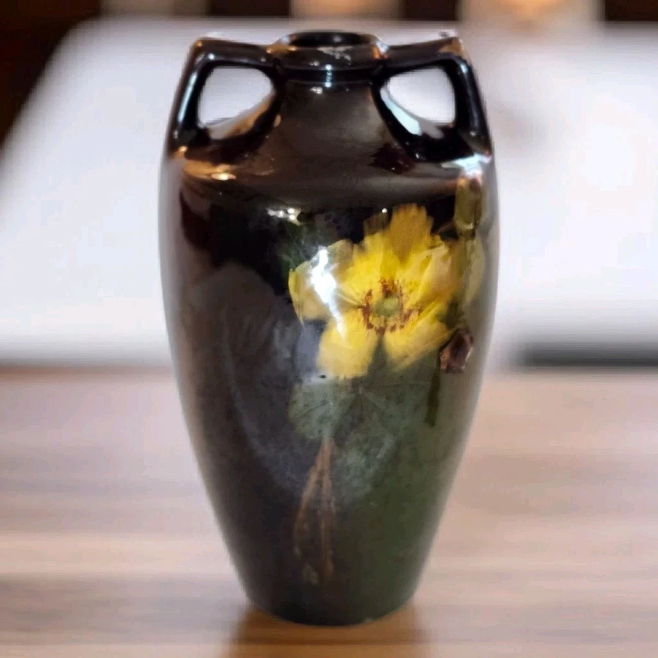 Antique Weller Vase Double Handle Art Pottery Louwelsa Glazed Hand Painted Pansy - Image 2 of 4