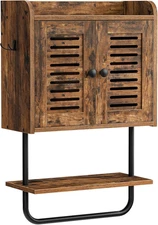 Rustic Brown Double Door Medicine Cabinet with Towel Bar and Adjustable Shelf