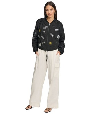 DKNY Logo Bomber Jacket Women's XS Black Stand Collar Front Zipper Closure L/S