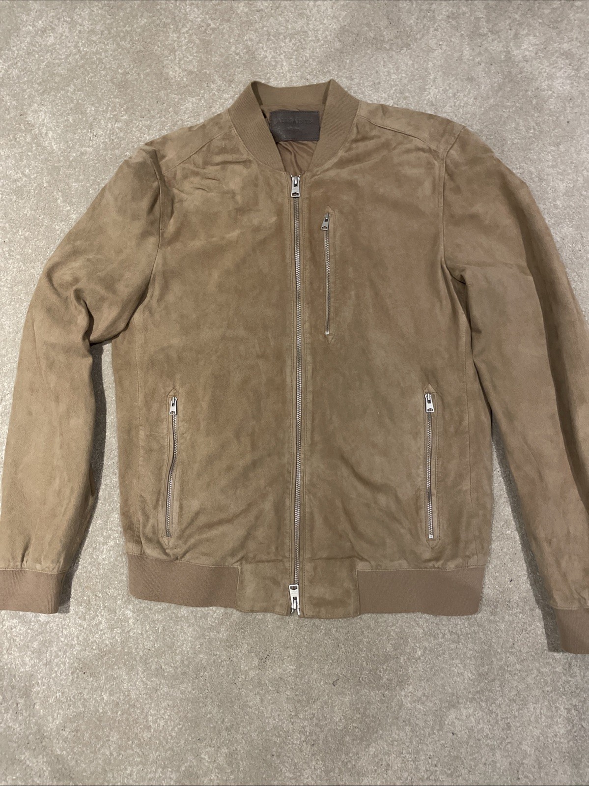 All Saints Men’s Kemble Suede Bomber Jacket Beige Size M rrp £399