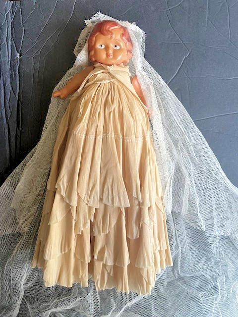 1920"s Kewpie Face Bride Doll in Crepe Dress