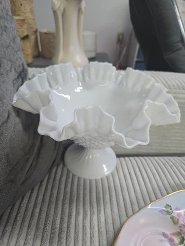 Fenton White Milk Glass Hobnail Pedestal Compote Dish Ruffled Edge Vintage Bowl