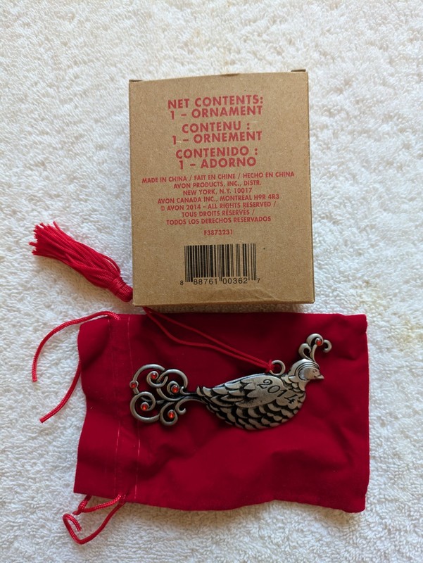 2014 Avon Pewter Partridge Christmas Ornament - EX Cond. W/Box & Red Velvet Bag