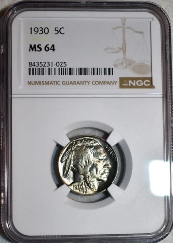NGC MS-64 1930-P Buffalo Nickel, Radiant Mint Luster w/ Iridescent Toning.