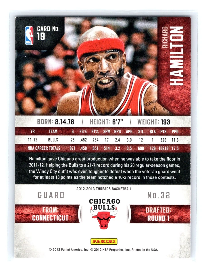 2012-13 Panini Threads Basketball #19 Richard Hamilton Chicago Bulls - Image 2 of 2
