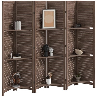 Wood Mobile Folding Privacy Screen, Room Divider w/ Shelves Walnut